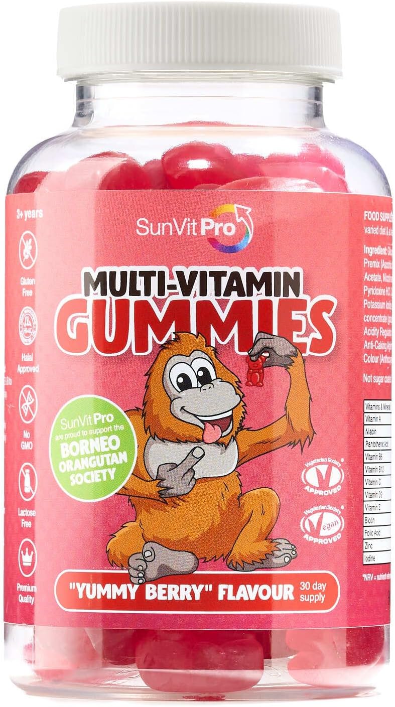 Sunvit-Pro Multivitamin Gummies 3-12 - Berry Flavor Vitamins | Kids Chewable Multivitamins | 60 Daily Gummies Includes Vitamin-A, Vitamin-C, B6, B12, B5, Niacin, Iodine, Zinc & Biotin