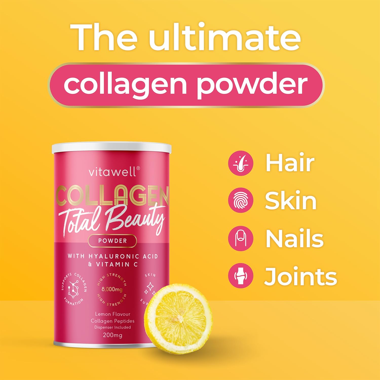 Vitawell Collagen Total Beauty Powder Supplement for Women | 8,000mg Hydrolysed Collagen Peptides Powder with Vitamin C + Magnesium + Hyaluronic Acid | Non-GMO 200g (Lemon Flavour) : Amazon.co.uk: Health & Personal Care