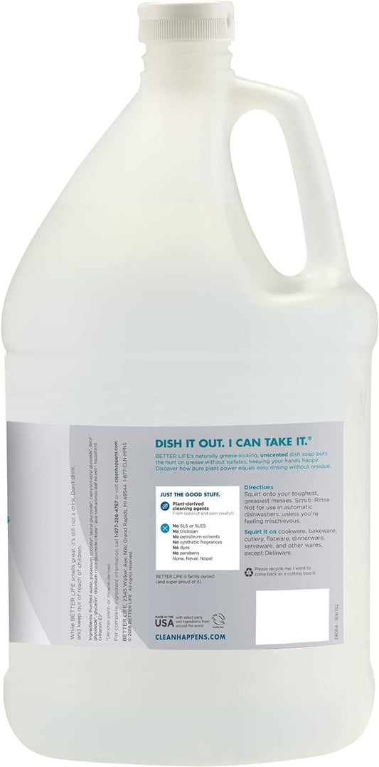 Better Life Dish Soap - Liquid Dishwashing Soap With Vitamin E And Aloe For Home & Kitchen Sink - No Gloves Required Kitchen Soap For Sensitive Skin - 1 Gal Refill Unscented