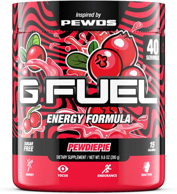 G Fuel Pewdiepie Energy Powder, Sugar Free, Clean Caffeine Focus Supplement, Water Mix, Lingonberry Flavor, Focus Amino, Vitamin + Antioxidants Blend - 9.8 Oz (40 Servings)