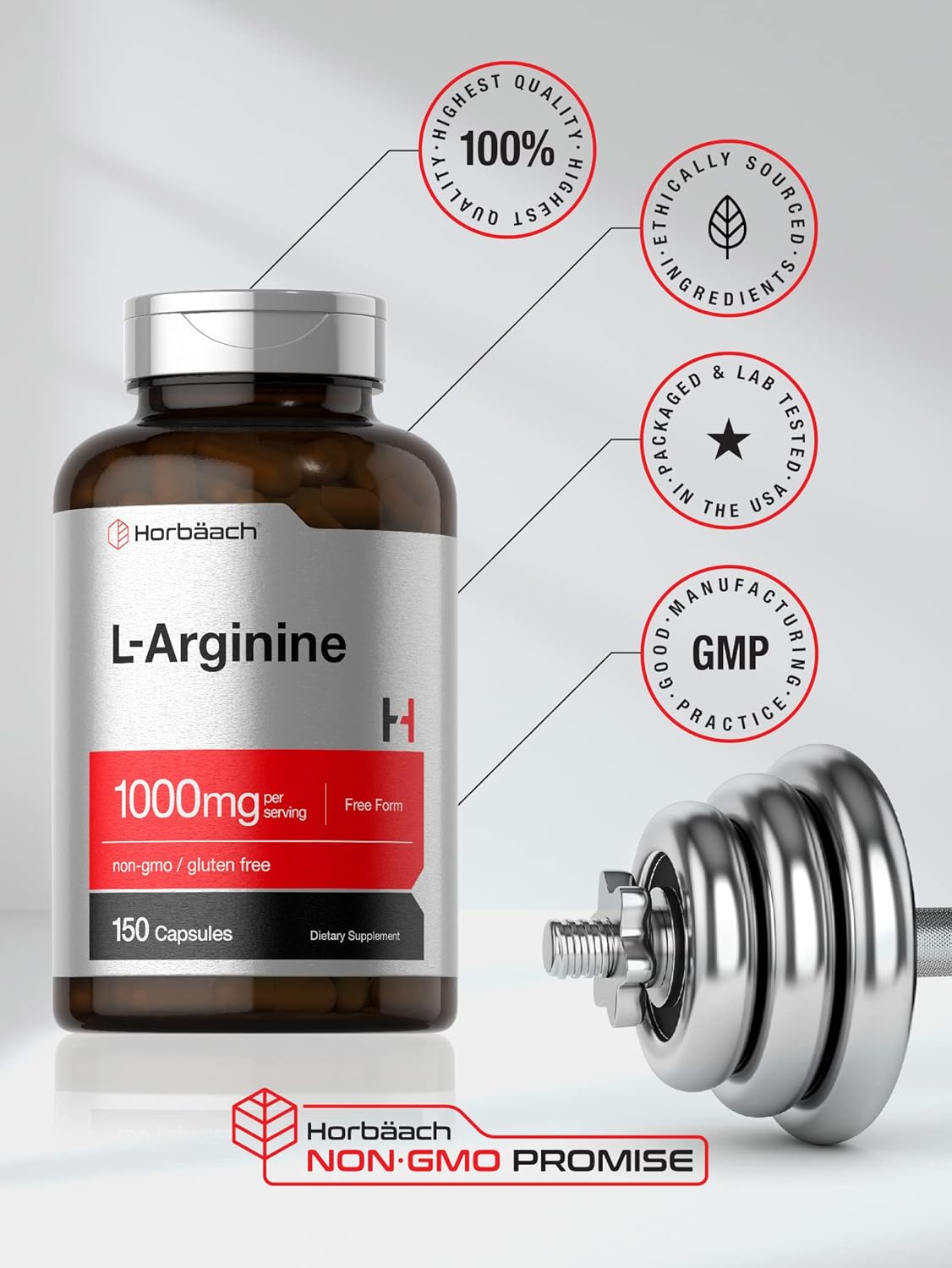 Horbäach L Arginine 1000mg Capsules | 150 Powder Pills | Free Form | Non-GMO & Gluten Free Supplement : Health & Household