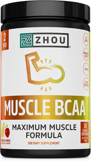 Zhou Nutrition Muscle Bcaa Powder, Vegan Muscle Recovery, Natural, Clean Formula For Optimal Absorption, Probiotic Boost, Vitamin C, Gluten And Sugar Free, Tropical Punch, 30 Servings