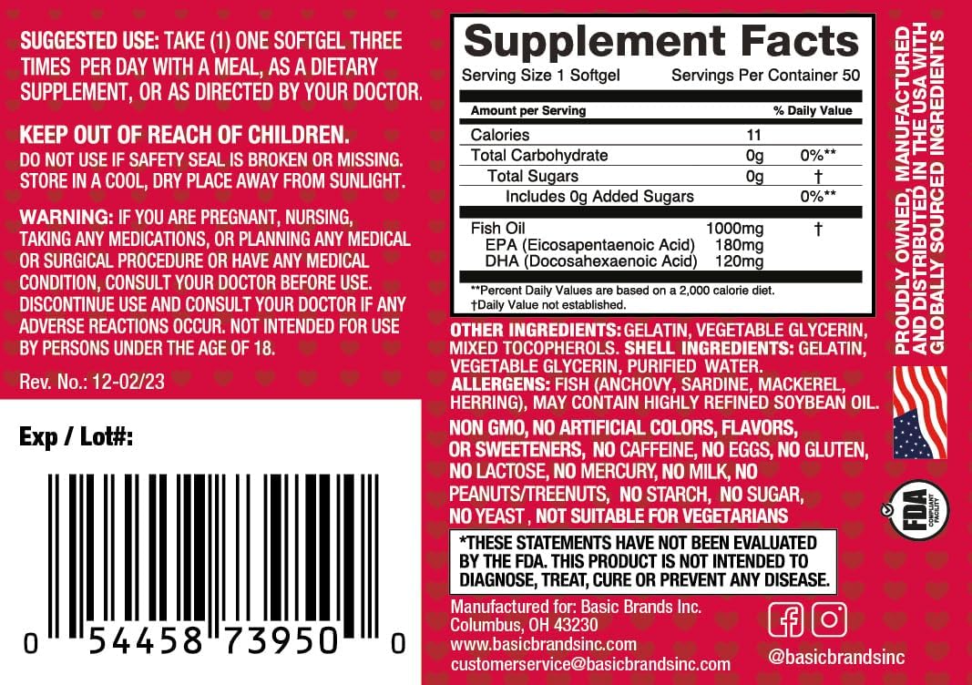 Basic Brands Smart Heart Omega-3 Fish Oil 1000mg - Triple Strength EPA & DHA, Non-GMO, Heart & Cognitive Support - 50 Burpless Softgels - 2-Pack