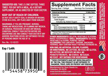 Basic Brands Smart Heart Omega-3 Fish Oil 1000mg - Triple Strength EPA & DHA, Non-GMO, Heart & Cognitive Support - 50 Burpless Softgels - 2-Pack