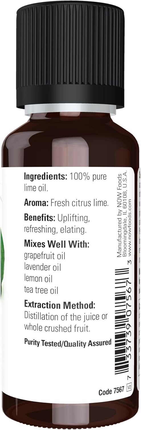 Now Essential Oils, Lime Oil, Citrus Aromatherapy Scent, Cold Pressed, 100% Pure, Vegan, Child Resistant Cap, 1-Ounce