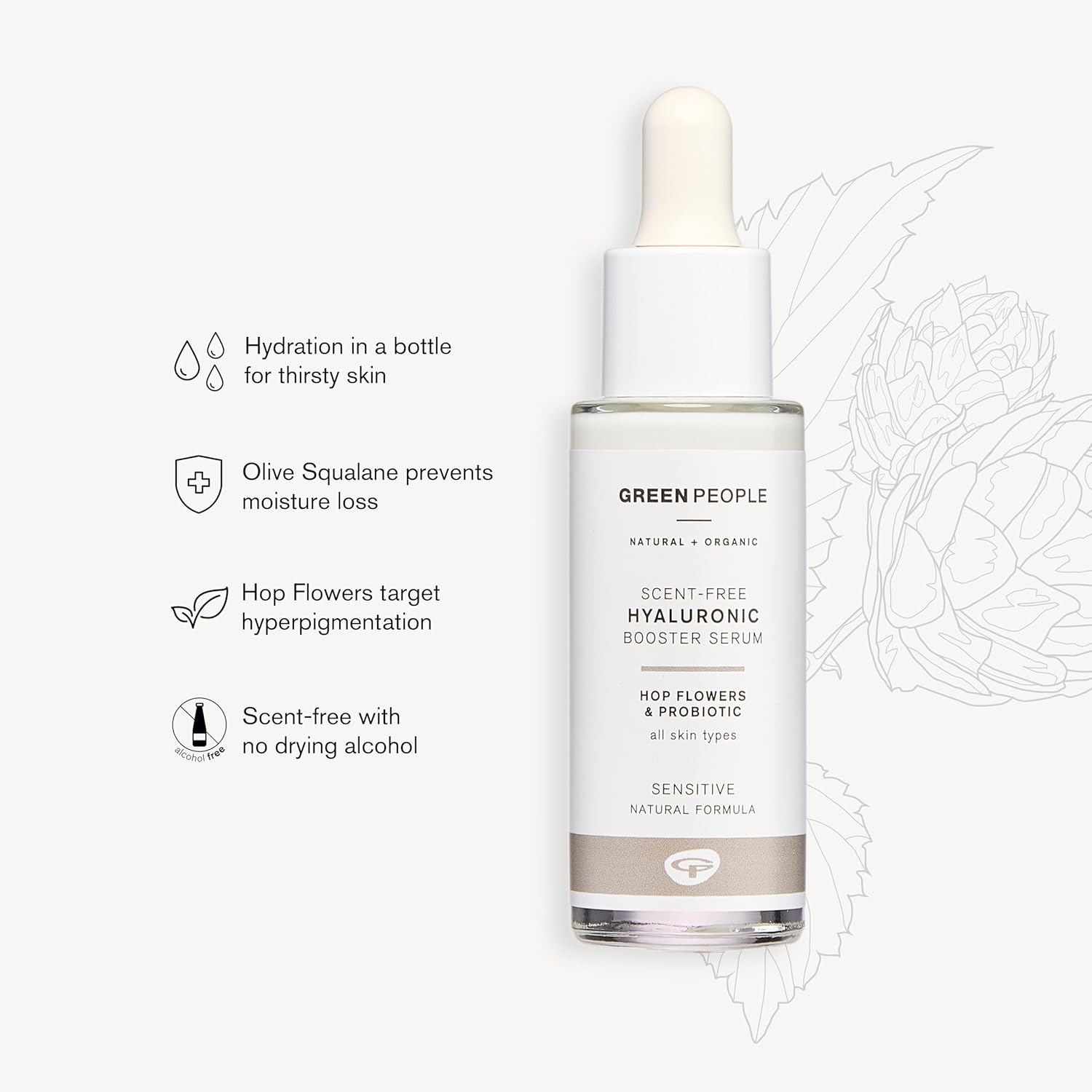 Green People Hyaluronic Booster Serum - Natural Hyaluronic Acid For Dry Skin - Ethyl Alcohol Free - Vegan, 28Ml