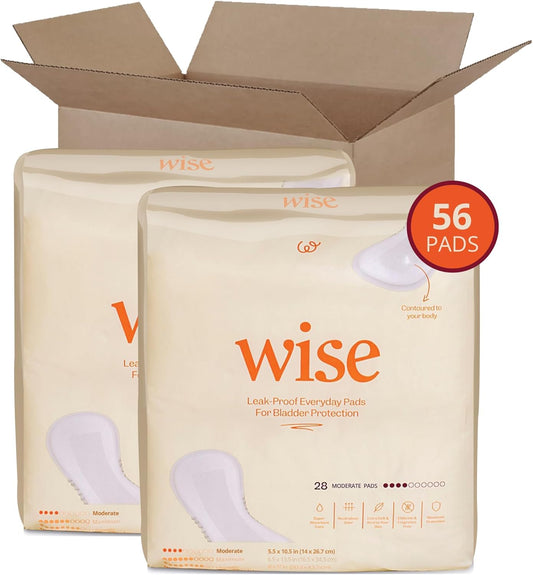 Wise Incontinence Pads For Women Moderate Absorbency, Bladder Leakage & Odor Control Liner Pad, Regular Length, 56 Counts (2 Pack Of 28)