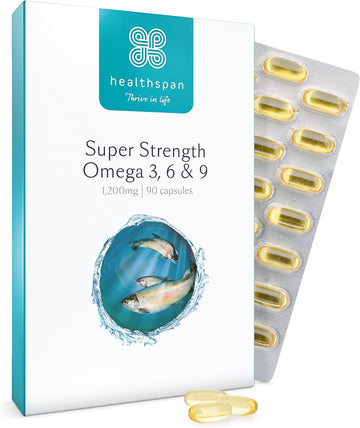 Healthspan Super Strength Omega 3, 6 & 9 1,200Mg (90 Capsules) | Brain, Eye & Heart Health | Omega 3, 6 & 9 Fatty Acids | Premium Fish, Borage & Extra-Virgin Olive Oils | Sustainably Sourced