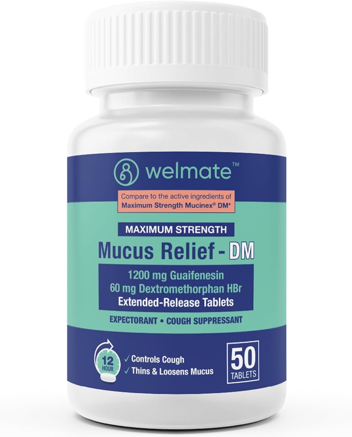 Welmate Maximum Strength Mucus Relief Dm - 1200Mg Guaifenesin & 60Mg Dxm, 12-Hr Cough Suppressant & Expectorant, Bi-Layer Tablets, Chest Congestion Relief, Thins & Loosens Mucus - 50 Ct