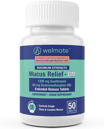 Welmate Maximum Strength Mucus Relief Dm - 1200Mg Guaifenesin & 60Mg Dxm, 12-Hr Cough Suppressant & Expectorant, Bi-Layer Tablets, Chest Congestion Relief, Thins & Loosens Mucus - 50 Ct