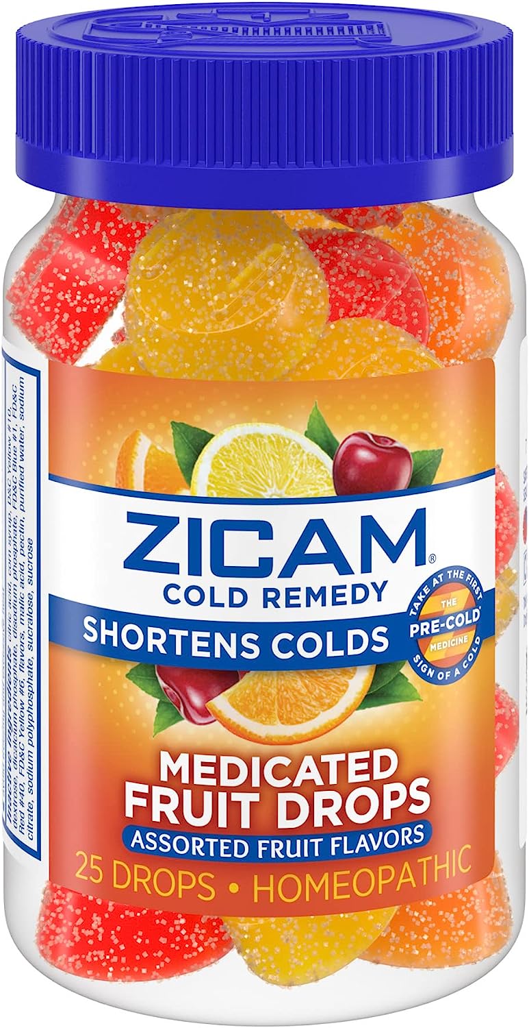 Zicam Cold Remedy Zinc Medicated Fruit Drops, Assorted Flavors, Homeopathic, Cold Shortening Medicine, Shortens Cold Duration, 25 Count