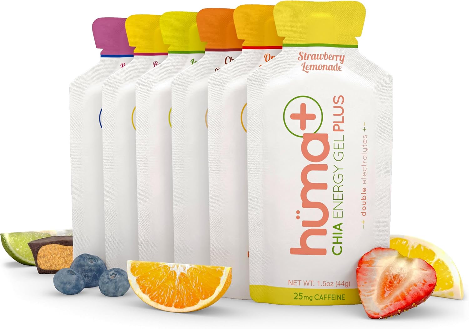 Huma Plus (Double Electrolytes) - Chia Energy Gel, Strawberry Lemonade, 12 Gels, 25Mg Caffeine - Stomach Friendly, Real Food Energy Gels