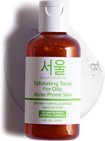 Seoulceuticals Korean Toner For Oily Acne Prone Skin – Korean Skin Care Tea Tree Toner For Face – Facial Toner Centella Asiatica, Salicylic Acid. 4 Fl Oz