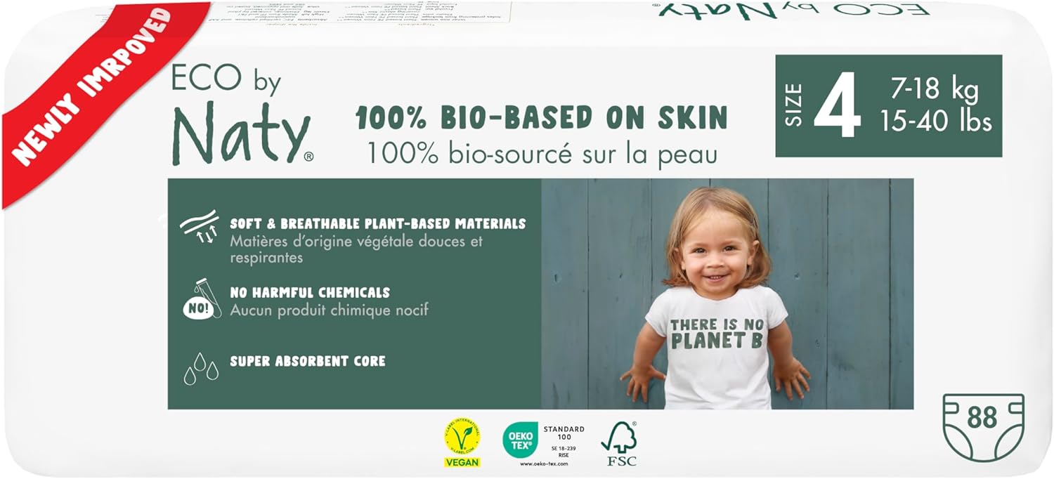 Eco By Naty Eco-Friendly Baby Diapers - 100% Plant-Based Materials On Skin, Soft, For Sensitive Skin & Super Absorbent (Size 4, 88 Count)