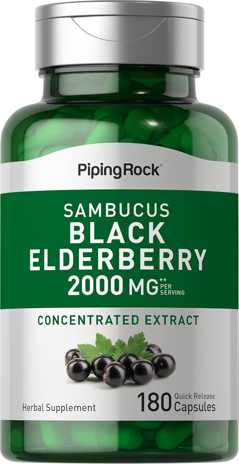 Piping Rock Elderberry Capsules | 2000 Mg | 180 Count | Sambucus Herbal Extract Supplement | Non-Gmo, Gluten Free