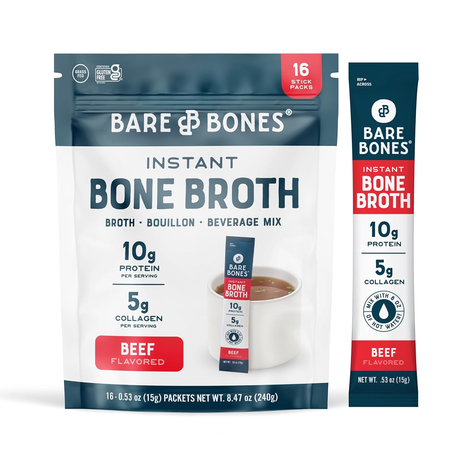 Bare Bones Beef Bone Broth Instant Powdered Mix | Rich Savory Packets On-The-Go No Artificial Flavors | 100% Grass Fed Keto & Paleo Friendly | 10G Protein | 16 Pack