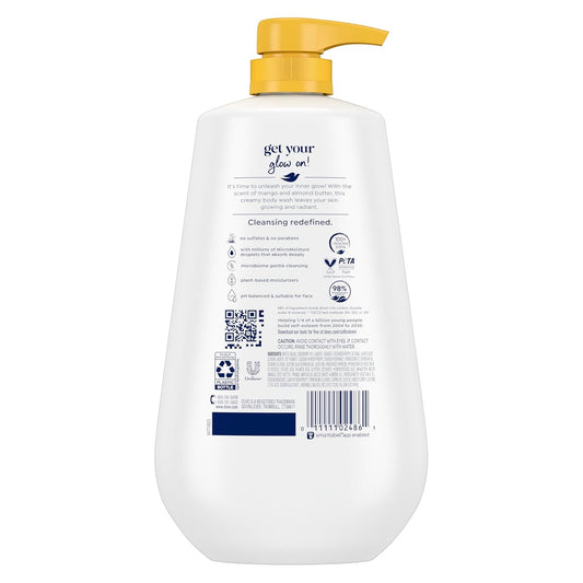 Dove Body Wash Glowing Mango & Almond Butter 4 Count For Renewed, Healthy-Looking Skin Gentle Skin Cleanser With 24Hr Renewing Micromoisture 20 Oz