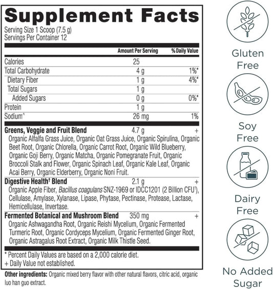 Ancient Nutrition Supergreens Powder With Probiotics, Organic Berry Flavor Greens, Made From Real Fruits, Vegetables And Herbs, Digestive And Energy Support, 12 Servings, 3.2Oz