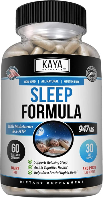 Kaya Naturals - Sleep Support Formula With Melatonin - Aid Support Vitamin Supplement - Sleep Stress And Mood Support - L-Tryptophan, Passion Flower, Ashwagandha And More - 60 Capsules (60 Count)