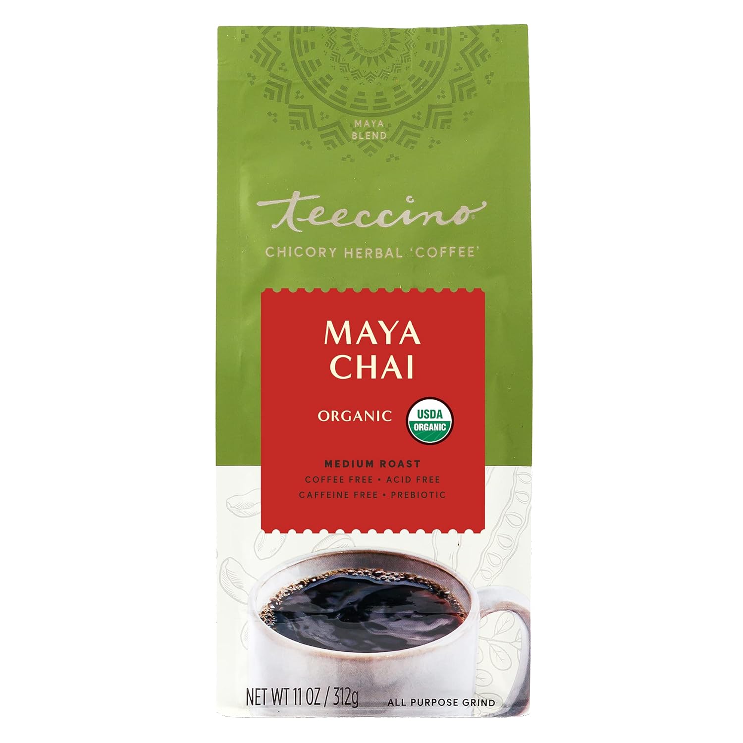 Teeccino Maya Chai Chicory Coffee Alternative - Ground Herbal Coffee That’S Prebiotic, Caffeine-Free & Acid Free, Medium Roast, 11 Ounce