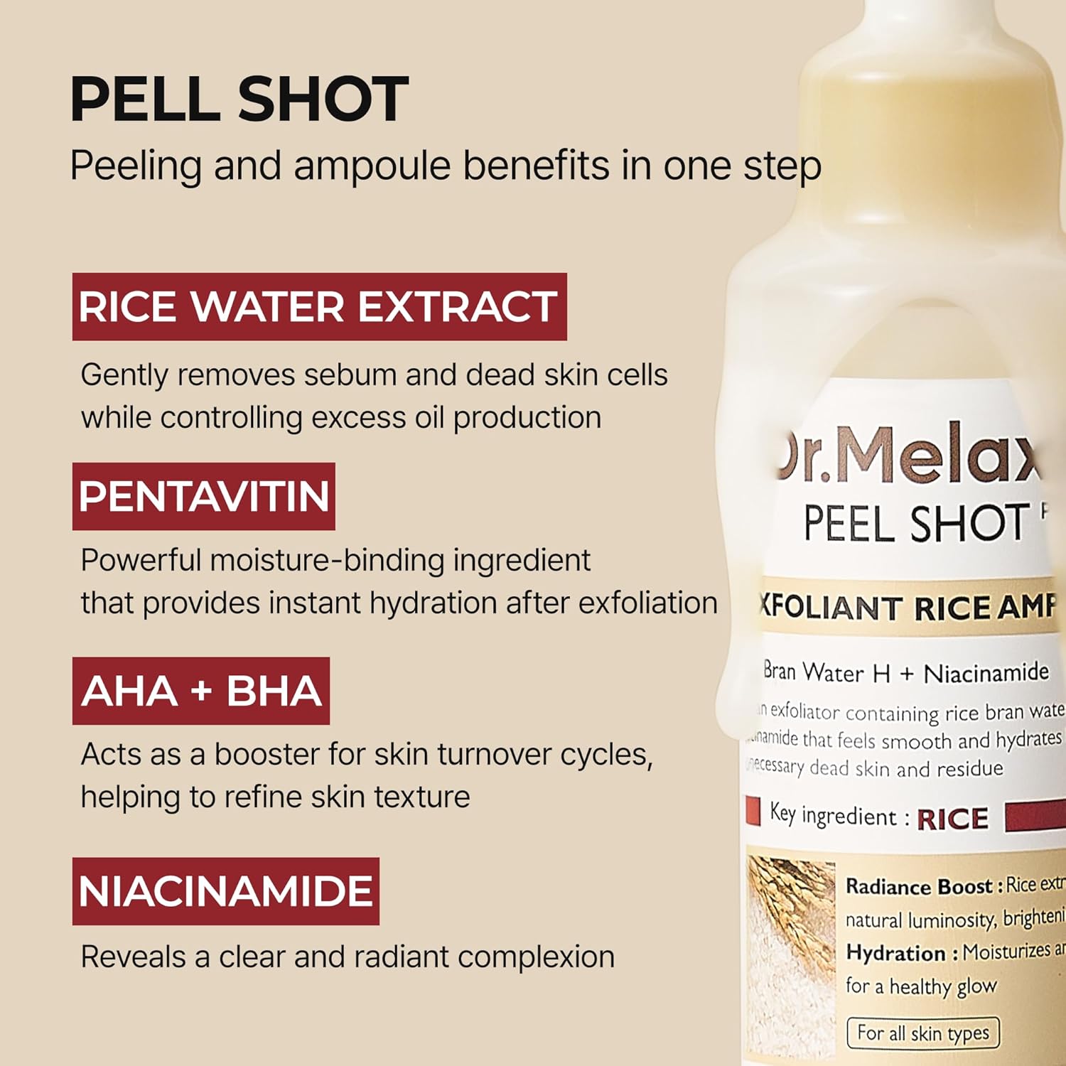 Peel Shot Glow White Rice Peeling Ampoule, Soft Exfoliating Face And Body Scrub Dead Skin Cells Remover For All Skin Types, 80Ml