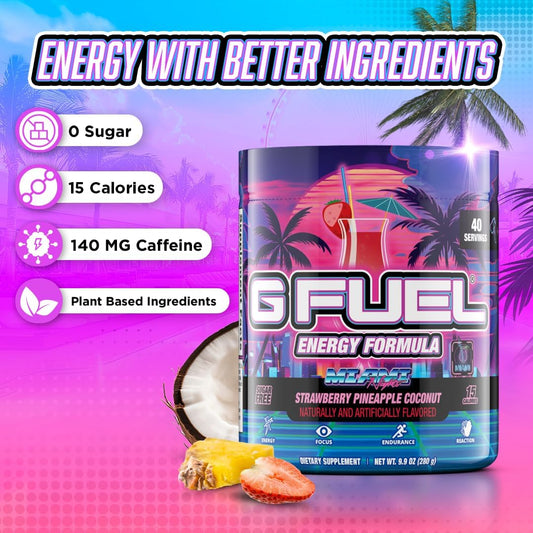 G Fuel Miami Nights Energy Drink Powder, Pre Workout Caffeine Mix For Gaming, Sugar Free Focus Amino, Vitamin + Antioxidants, 9.9Oz (Strawberry Pina Colada, 40 Servings)