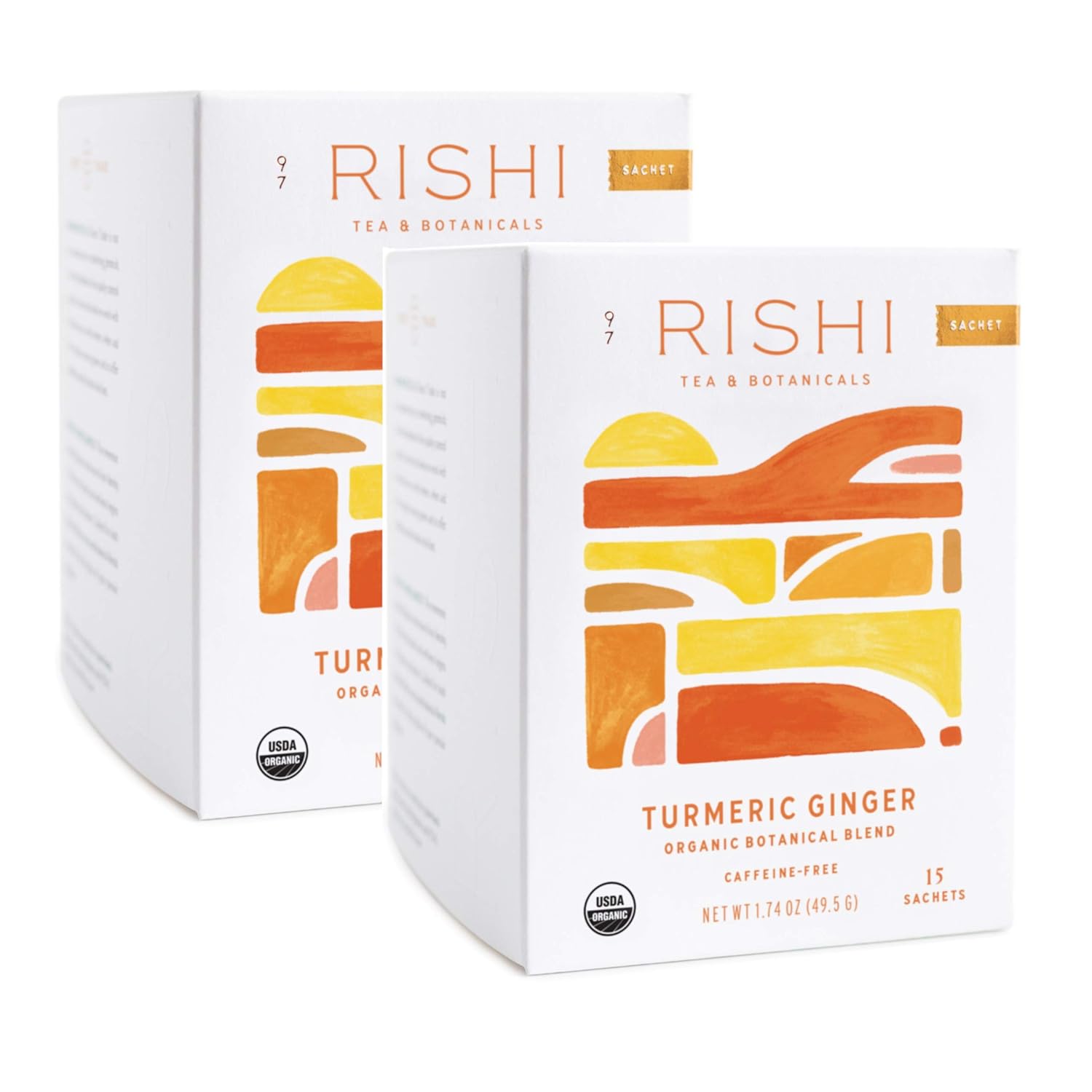 Rishi Tea Turmeric Ginger - Caffeine Free, Herbal Tea Bags, Ginger Turmeric Tea Bags, Usda Certified Organic, Turmeric And Ginger Tea, W/ Lemon, For 8-10 Oz Tea - 15 Sachets In Each, 2-Pack