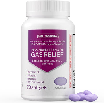 Valumeds Max Strength Gas Relief For Adults (70 Softgels) 250Mg Simethicone | Relieve Bloating, Pain, Discomfort, And Irregularity | Compare To Active Ingredient In Phazyme And Gas-X