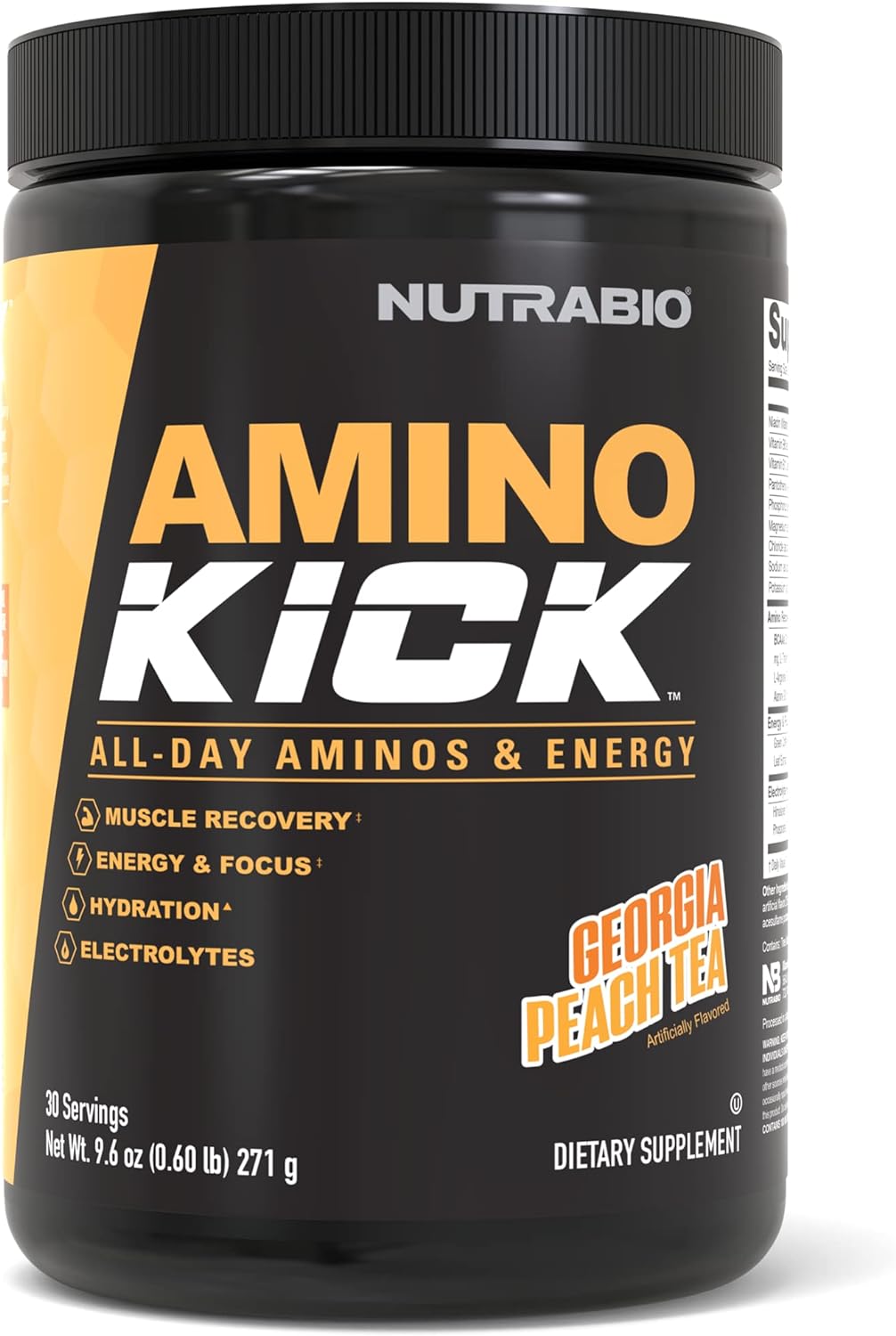 NutraBio Amino Kick - Amino Acid Energy Formula - BCAA's, Electrolytes for Hydration, Natural Caffeine- 30 Servings (Georgia Peach Tea)
