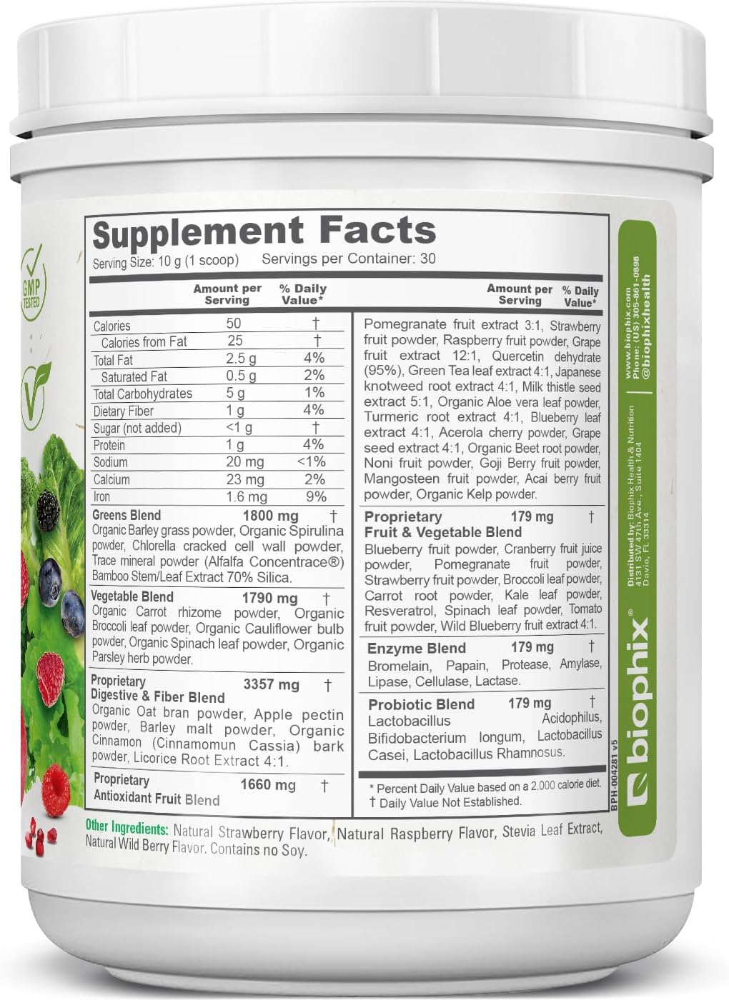 Biophix Phytoberry Greens Superfood Powder 10.6 Oz - Natural Berry Flavor Greens Vegetables Fruits Fiber Probiotics Smoothie Shake Nutrition Drink : Health & Household