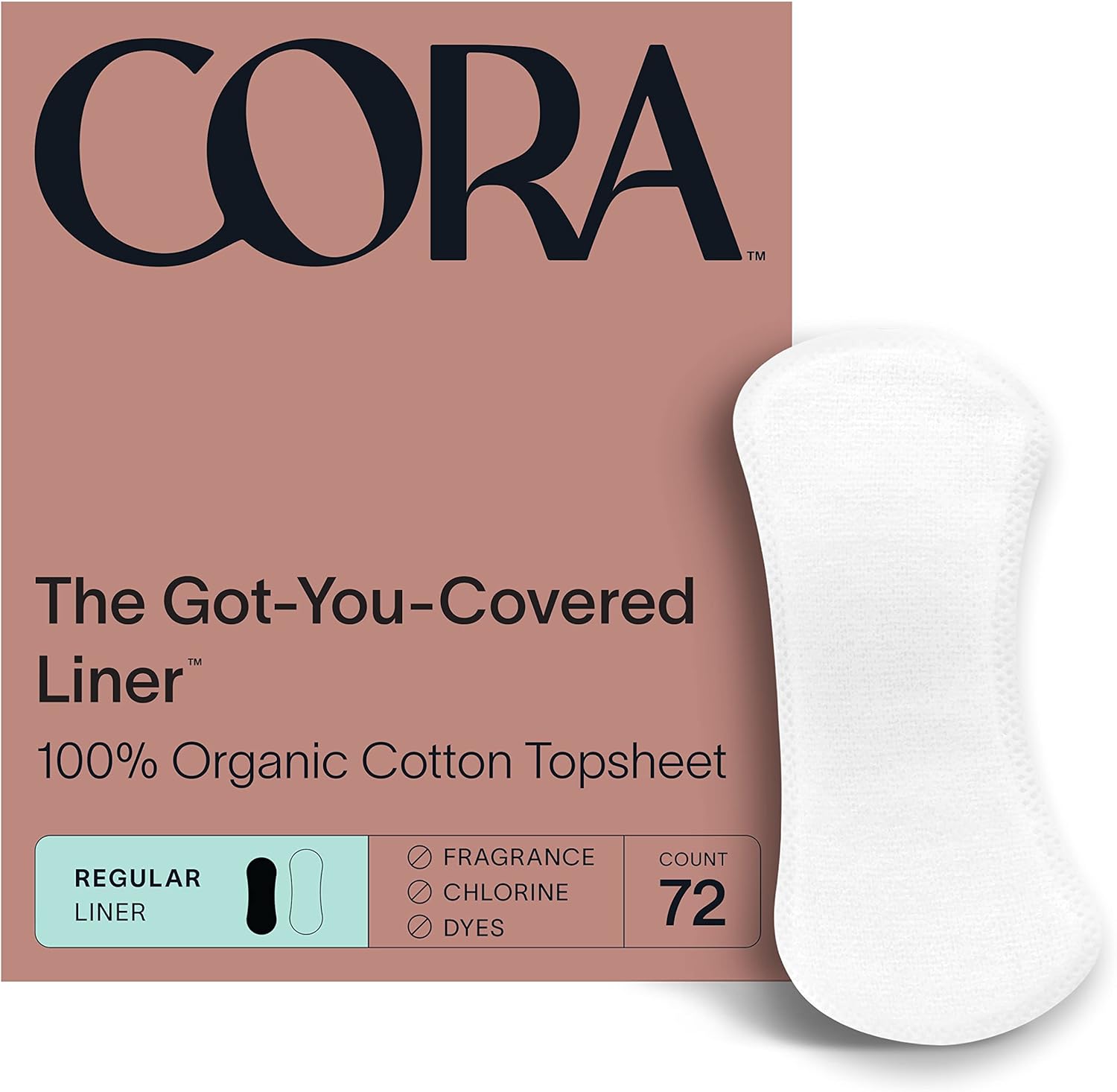 Cora Period Regular Liners | 100% Organic Cotton Topsheet | Ultra Thin, Quick Absorbency | Hypoallergenic | Dermatologically Tested | Unscented, No Wings (72 Liners)