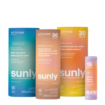 Bundle of ATTITUDE Mineral Sunscreen Stick with Zinc Oxide, SPF 30 + Tinted Mineral Sunscreen, Face Stick, SPF 30 + Lip Balm, SPF 15 + After Sun Stick, Mint & Cucumber