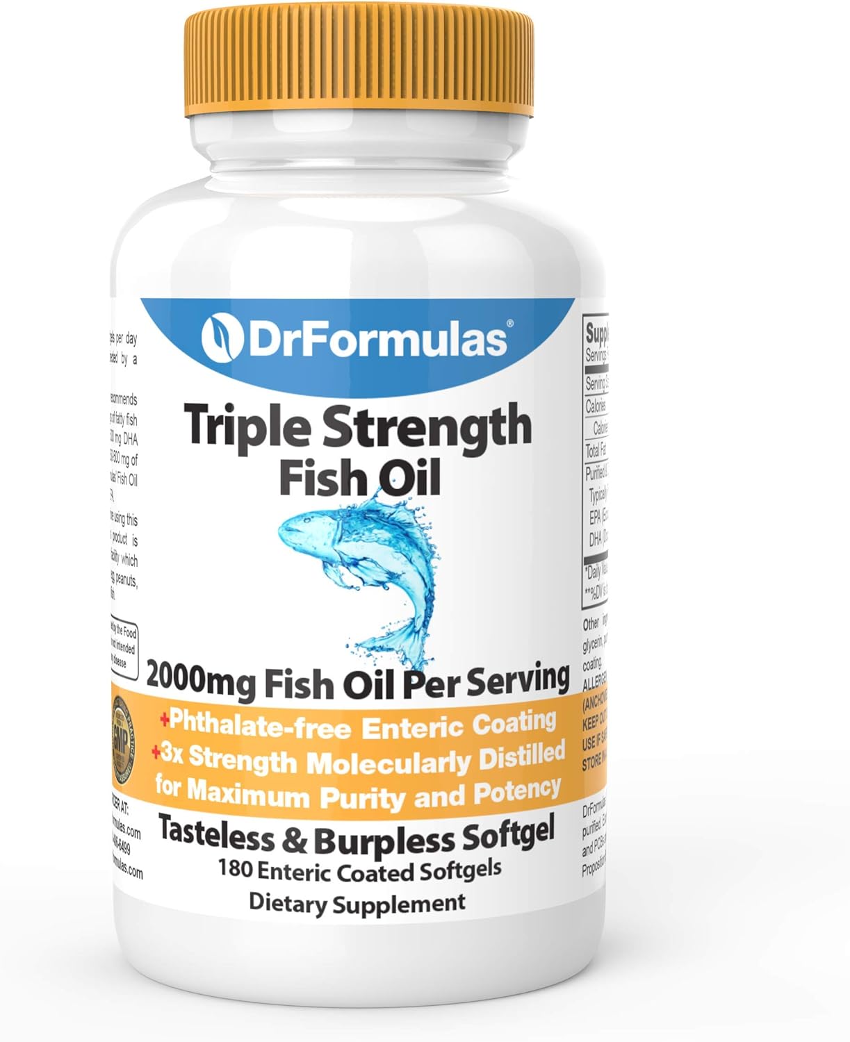 DrFormulas 2000mg Triple Strength Omega 3 Fish Oil with EPA and DHA, 180 Burpless Softgels