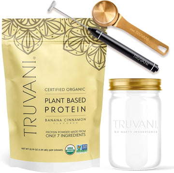 Truvani Vegan Banana Cinnamon Protein Powder With Jar, Frother & Scoop Bundle - 20G Of Organic Plant Based Protein Powder - Includes Glass Jar, Portable Mini Electric Whisk & Durable Powder Scoop