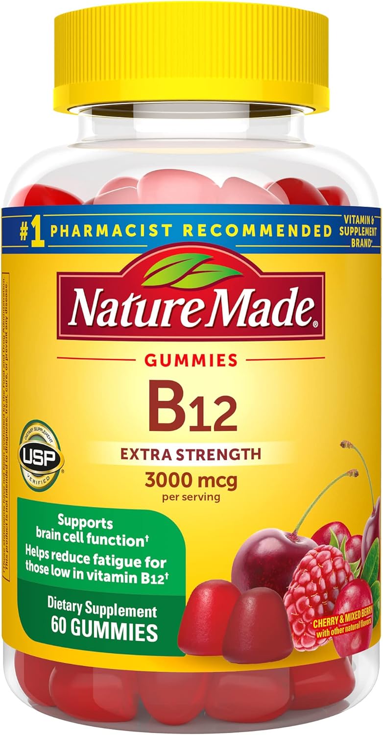 Nature Made Extra Strength Vitamin B12 Gummies, 3000 Mcg Per Serving, B12 Vitamin Supplement For Energy Metabolism Support, 60 Gummy Vitamins, 30 Day Supply