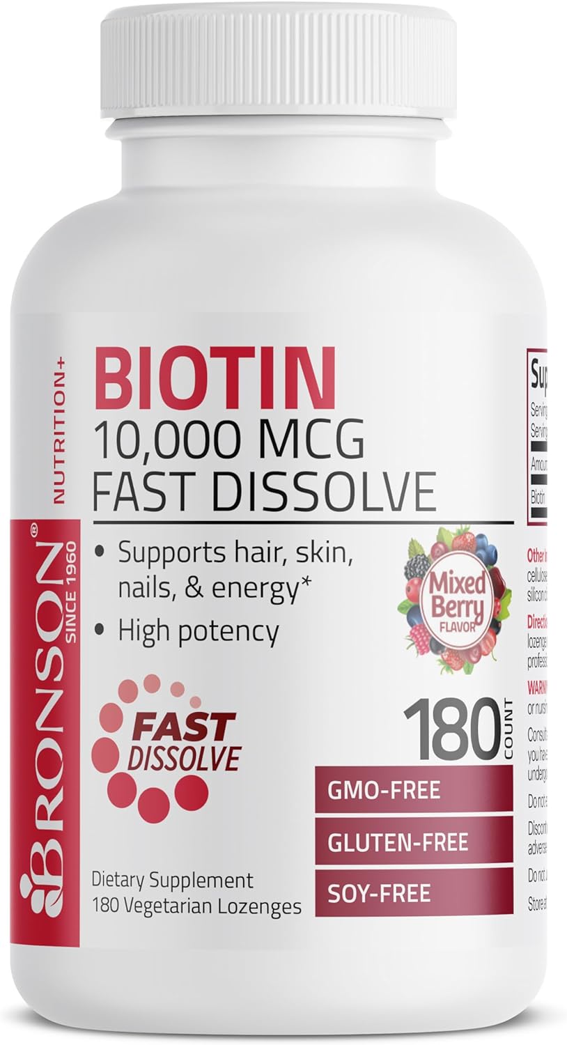 Bronson Biotin 10,000 MCG Lozenges Fast Dissolve High Potency Supports Hair, Skin & Nails Mixed Berry Flavor - Non-GMO, 180 Vegetarian Lozenges : Health & Household