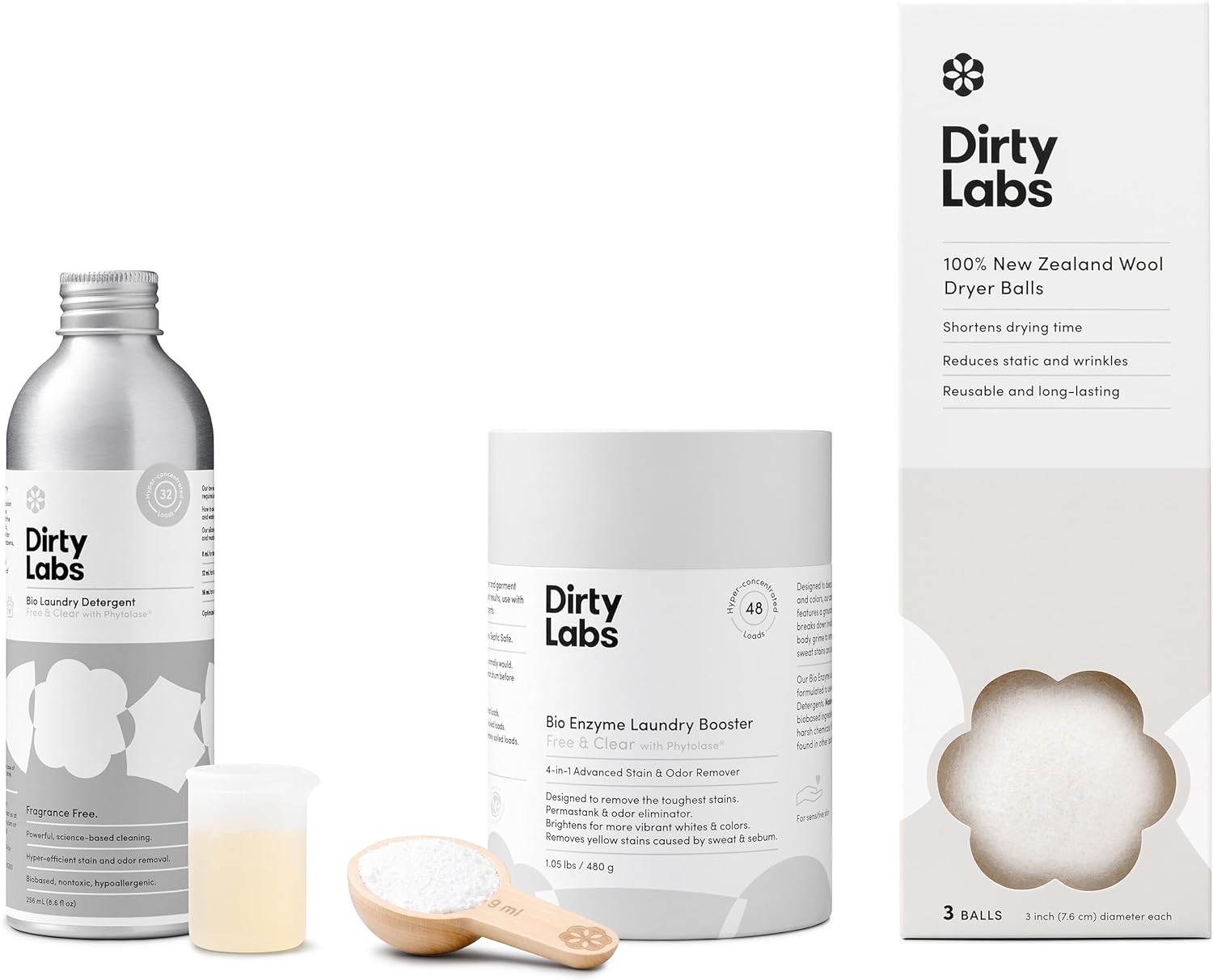 Dirty Labs | Gentle Starter Set | Free & Clear Detergent, Laundry Booster, & Dryer Balls | Hyper-Concentrated | High Efficiency & Standard Machine Washing | Nontoxic, Biodegradable