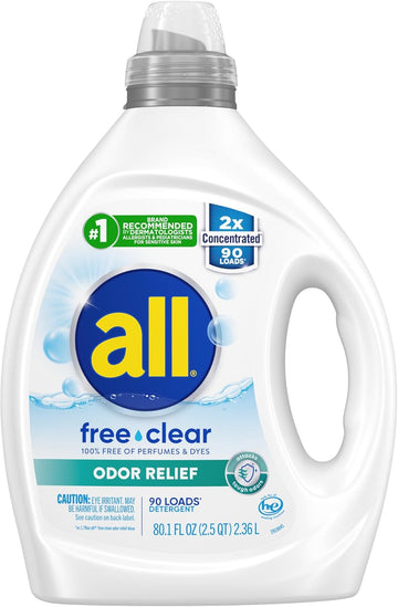 All Laundry Detergent Liquid, Free Clear For Sensitive Skin, Odor Relief, Unscented And Hypoallergenic, 2X Concentrated, 90 Loads