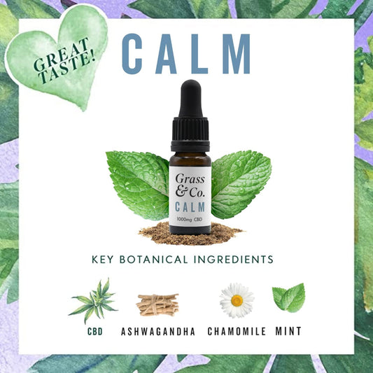 Grass & Co. Calm High Strength Cbd Oil Drops 1000Mg (11%) With A Calming Botanical Blend Of Cbd, Mint, Chamomile, Ashwagandha & Vitamins B6 & B12 To Support Mental Performance & Relaxation 10Ml Bottle