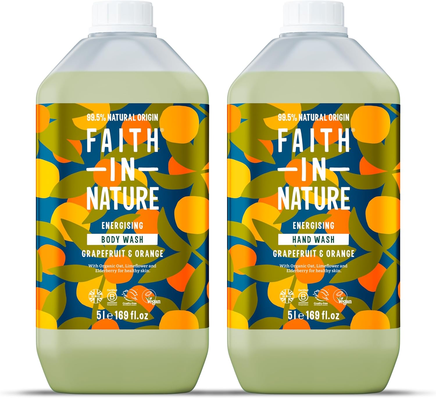 Faith In Nature Natural Grapefruit & Orange Hand Wash And Body Wash Set, Vegan & Cruelty Free, No Sls Or Parabens, 2 X 5L Pack