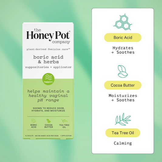 The Honey Pot Company 7 Day Boric Acid & Herbs Suppositories - Maintains And Balances Healthy Vaginal Ph, Manages Odor, Hydrates, & Moisturizes - Gynecologist Tested