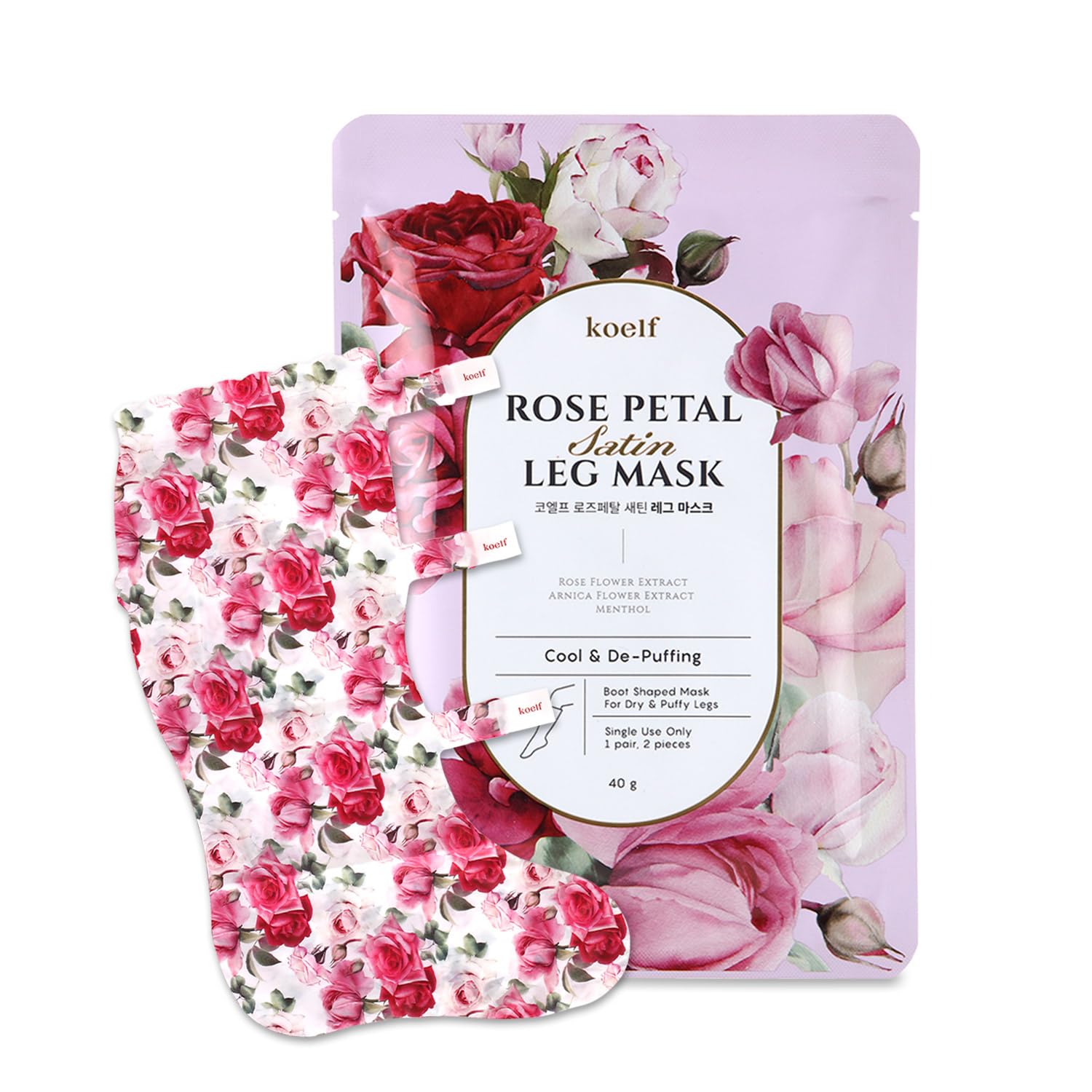 Petitfee Koelf Rose Petal Satin Leg Mask 1Pair- Intensive Cooling & Depuffing Leg Socks, Rose Scented Leg Relieving Mask With Arnica, Pumpkin, Coffee Seed Extract For Tired, Puffy Legs