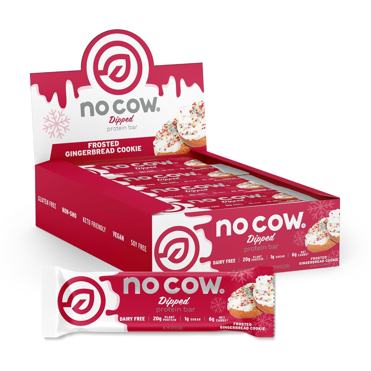 No Cow Protein Bars, Gingerbread, 20G Plus Plant Based Vegan Protein, Keto, Low Sugar, Low Carb, Low Calorie, Gluten Free, Dairy Free, Non Gmo, Kosher, 12 Pack