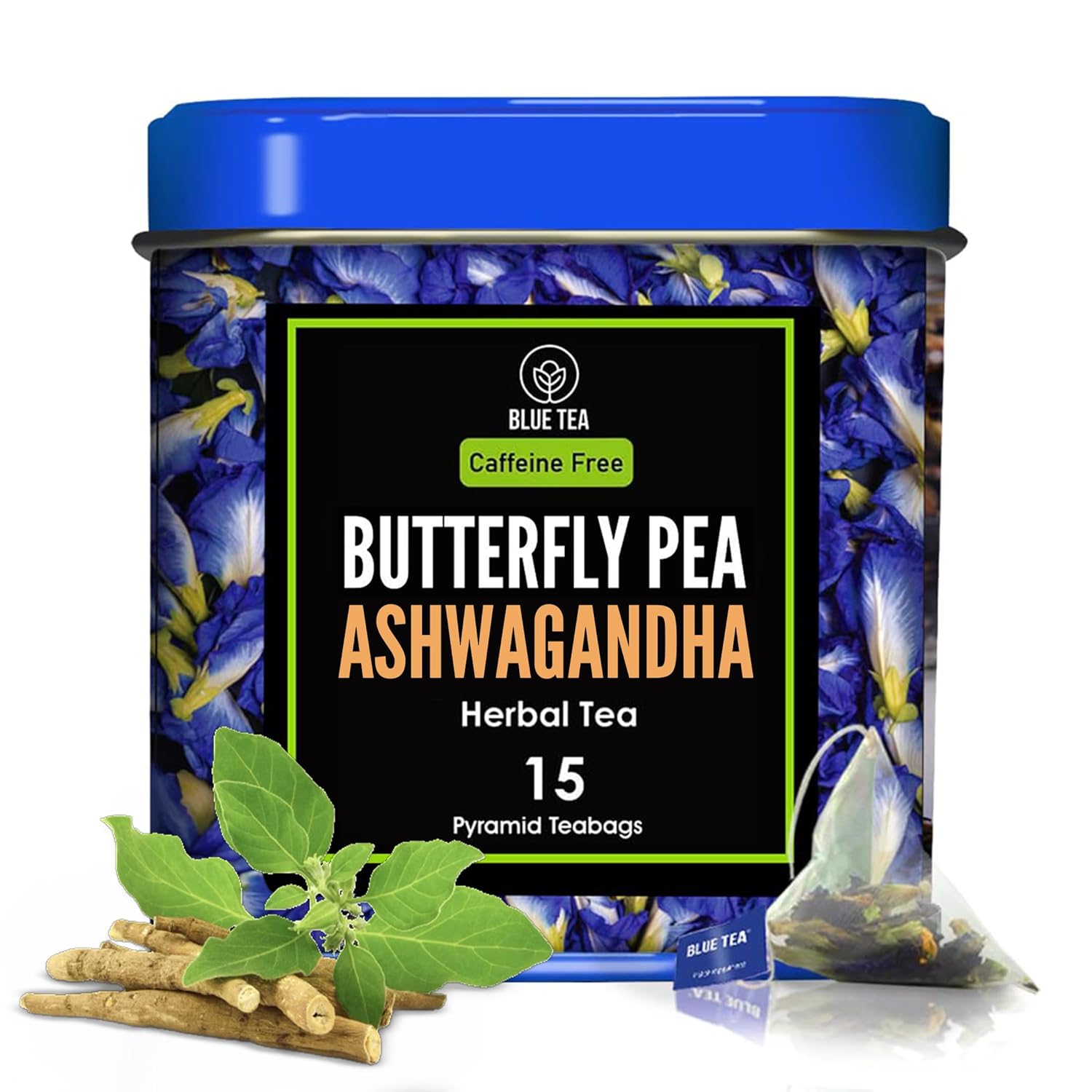 Blue Tea - Butterfly Pea Flower Tea - Ashwagandha - 15 Count - Plant Based Tea Bag | Detox Tea | Caffeine Free - Flower Based - Vegan - Ayurvedic Blend - Non-Gmo - No Additives | Tin Pack