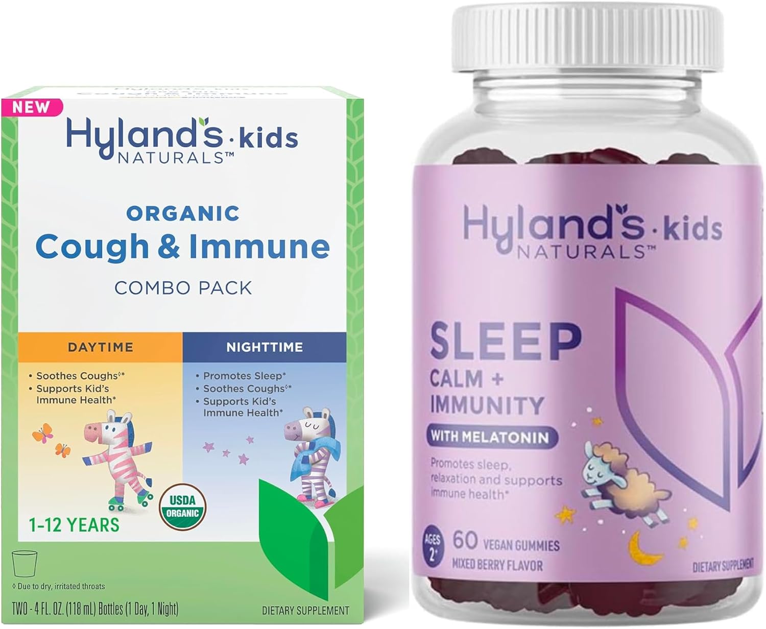 Hyland'S Kids Organic Cough & Immune Day/Night Combo Pack, Ease Coughs, Supports Immunity, Promotes Sleep + Sleep, Calm + Immunity, With Melatonin, Chamomile & Elderberry, 60 Vegan Gummies