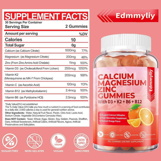 Sugar Free Calcium Magnesium Zinc Supplement Gummies With Vitamin D3 & B12 For Women And Men High Absorption Calcium Magnesium Supplement For Immune Support (120 Counts)