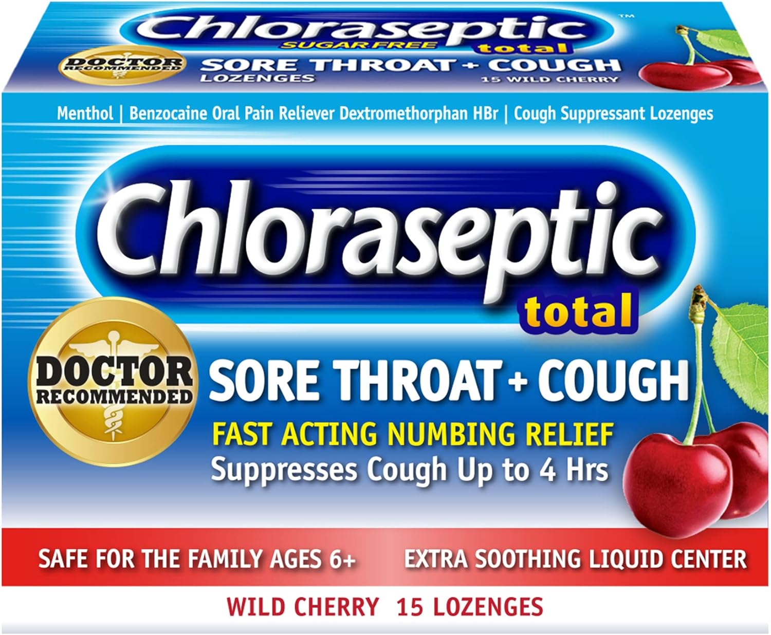 Chloraseptic Total Sore Throat + Cough Lozenges, Sugar-Free Wild Cherry Flavor, 15 Count