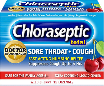 Chloraseptic Total Sore Throat + Cough Lozenges, Sugar-Free Wild Cherry Flavor, 15 Count