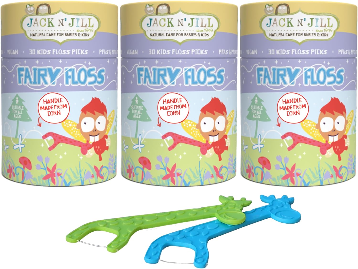 Jack N' Jill Fairy Floss - Individually Wrapped Recyclable Floss For Kids, Cornstarch Handles And Packaging, No Pfas, Strawberry Flavor - Pack Of 3