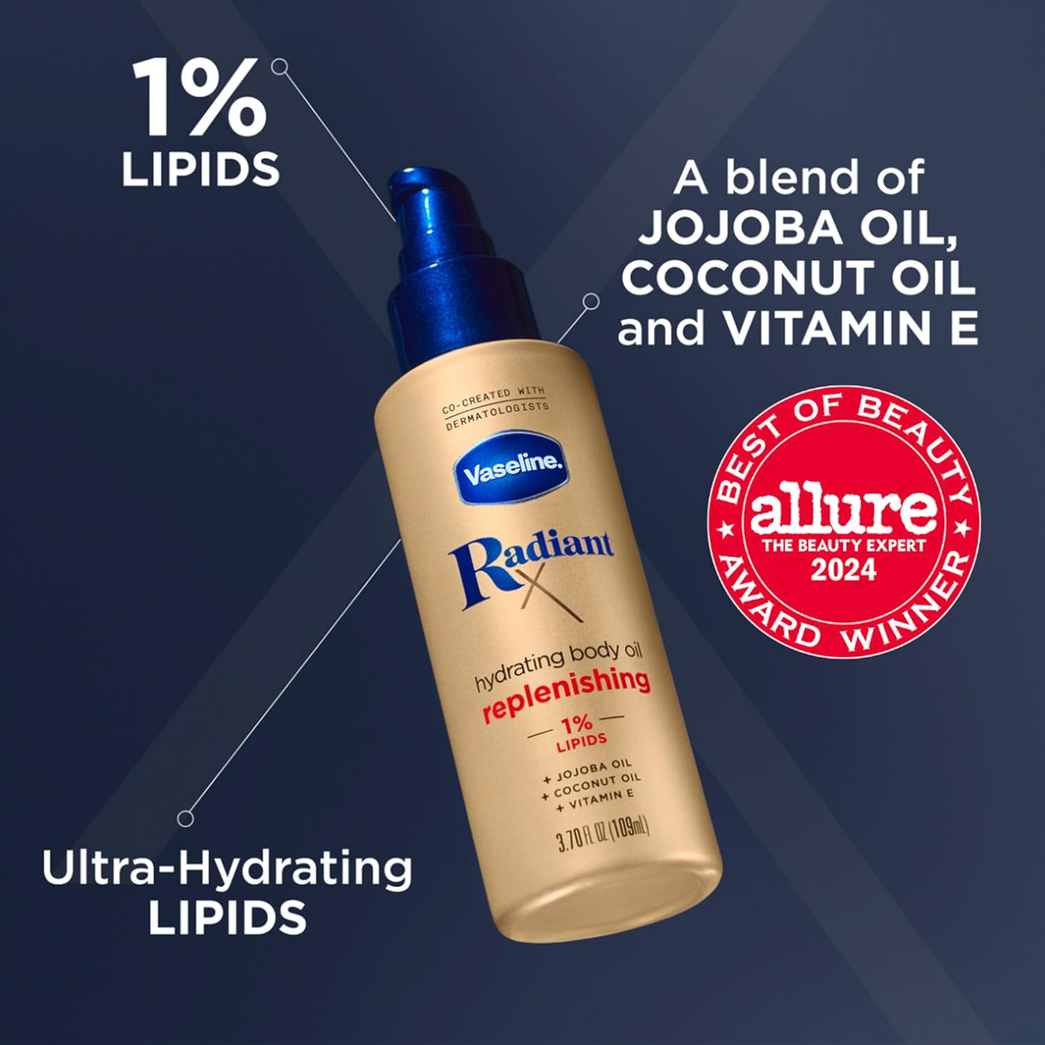 Vaseline Radiant X Replenishing And Hydrating Body Oil With 1% Lipids, Jojoba Oil, Coconut Oil, & Vitamin E 3.7 Oz : Beauty & Personal Care
